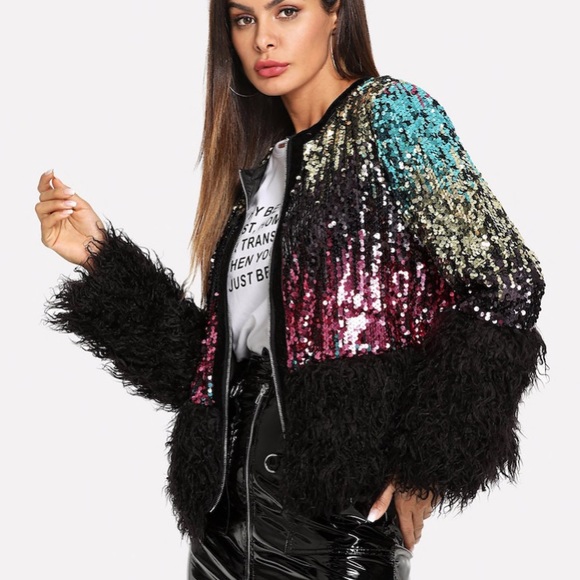 SHEIN Jackets & Blazers - XS SHEIN Sequin Faux Fur Hem Festival Jacket
